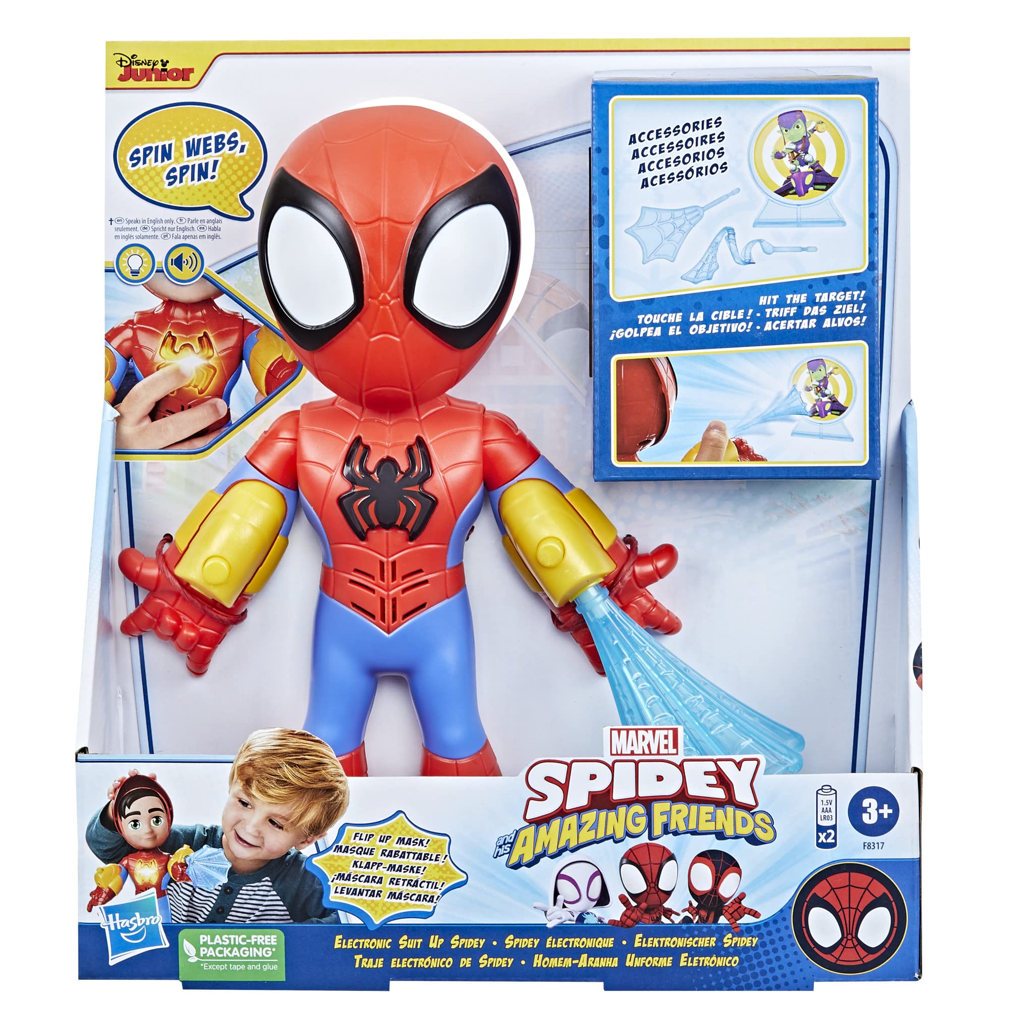 Spidey mask flips up to reveal Peter Parker face for kid role-play.