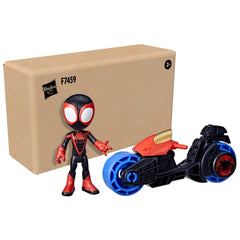 Miles Morales action figure on a ride-on motorcycle for preschool adventures.