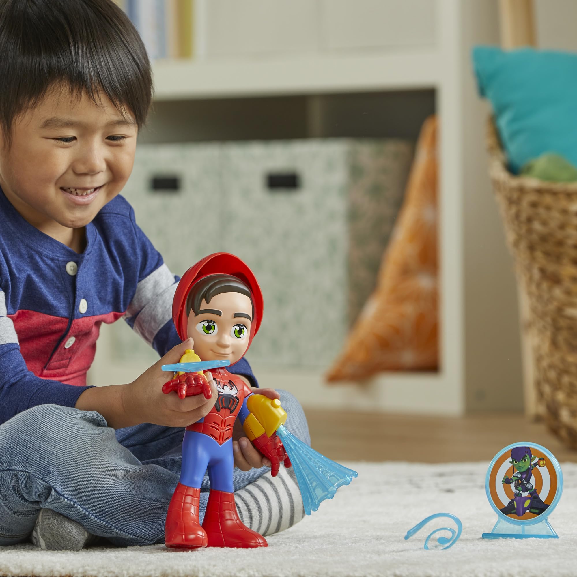 Spidey spinning web accessory adds motion to playtime adventures.