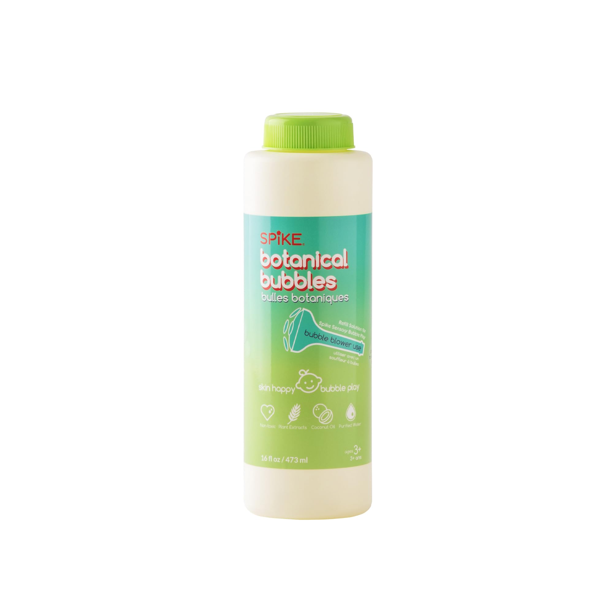 SPIKE Innobaby botanical bubble solution bottle promotes gentle, skin-friendly bubbles.