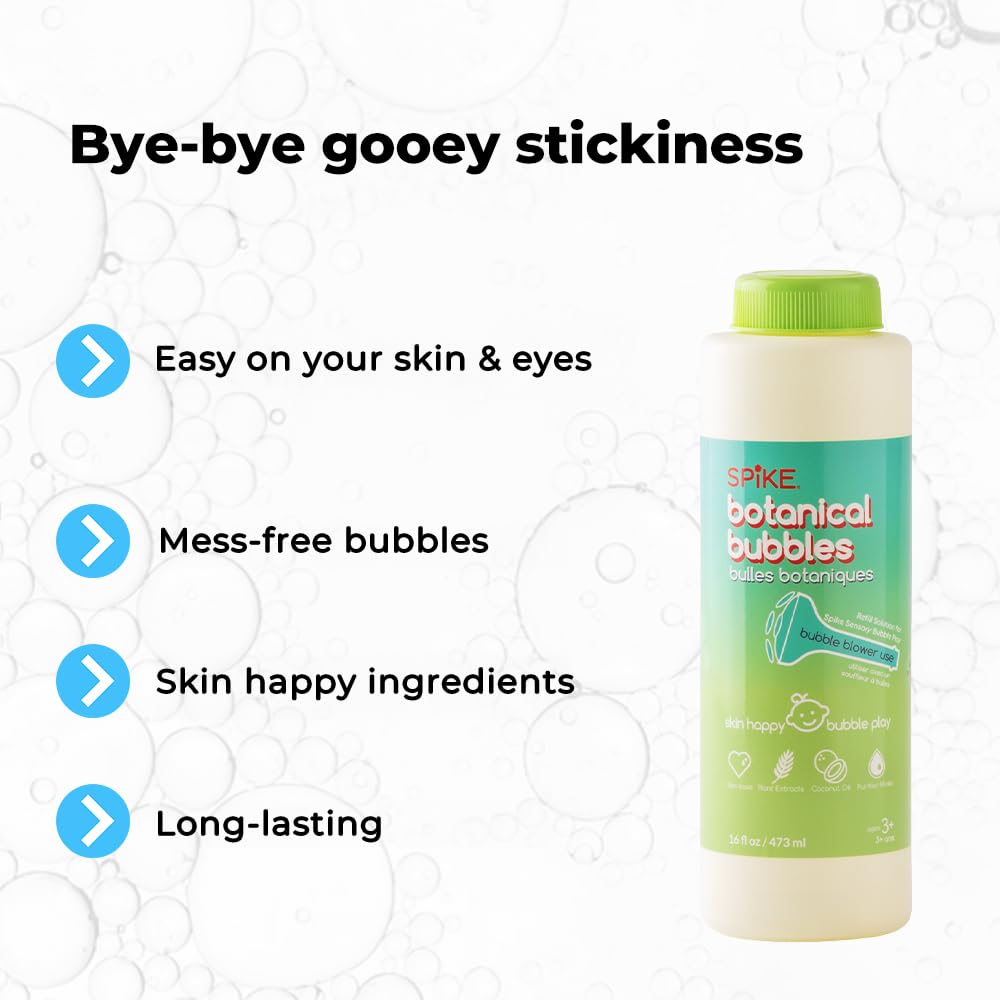 SPIKE Innobaby bubble solution label highlights safety and indoor-outdoor use.