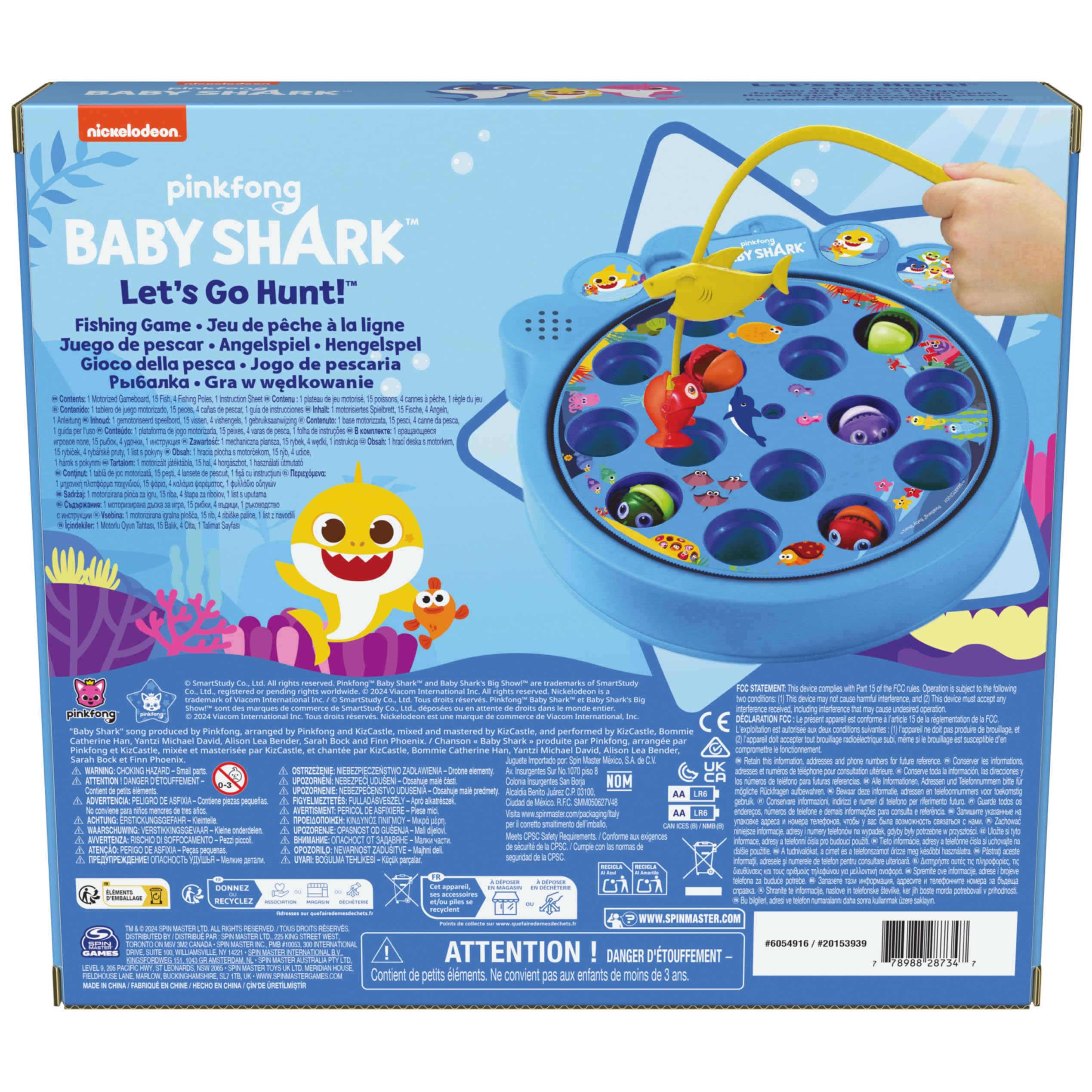 Spin Master Baby Shark Gone Fishing music plays the catchy Baby Shark tune.
