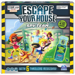 Spin Master Escape Room Game cover featuring spy theme for family fun.