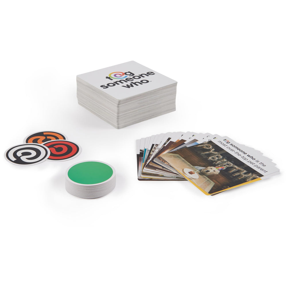 Spin Master Tag Someone Who box includes 175 meme cards and 8 color tags.