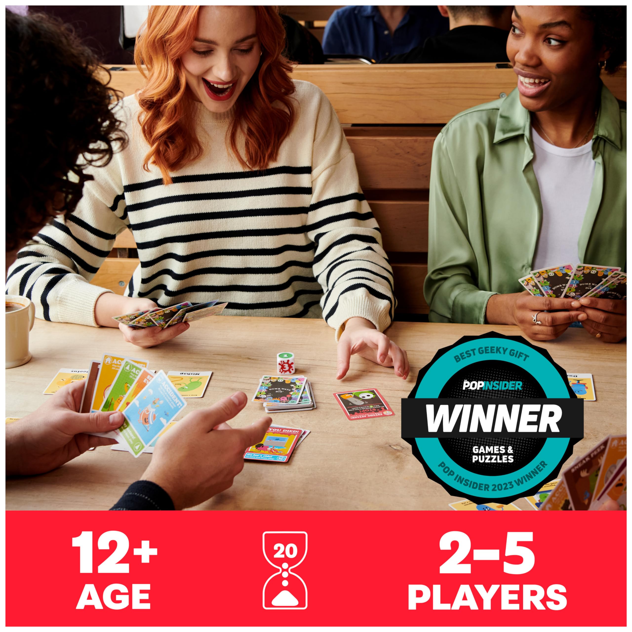 Dumb Ways to Die card deck spread highlights colorful game cards
