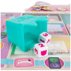 Meow Meow Delivery dice shaker adds tactile action to gameplay.