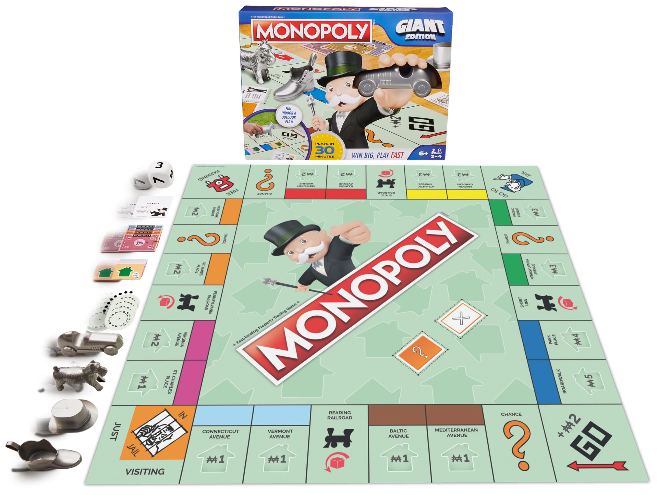 Spin Master Games Monopoly Giant Edition board shows an oversized layout for active family play.