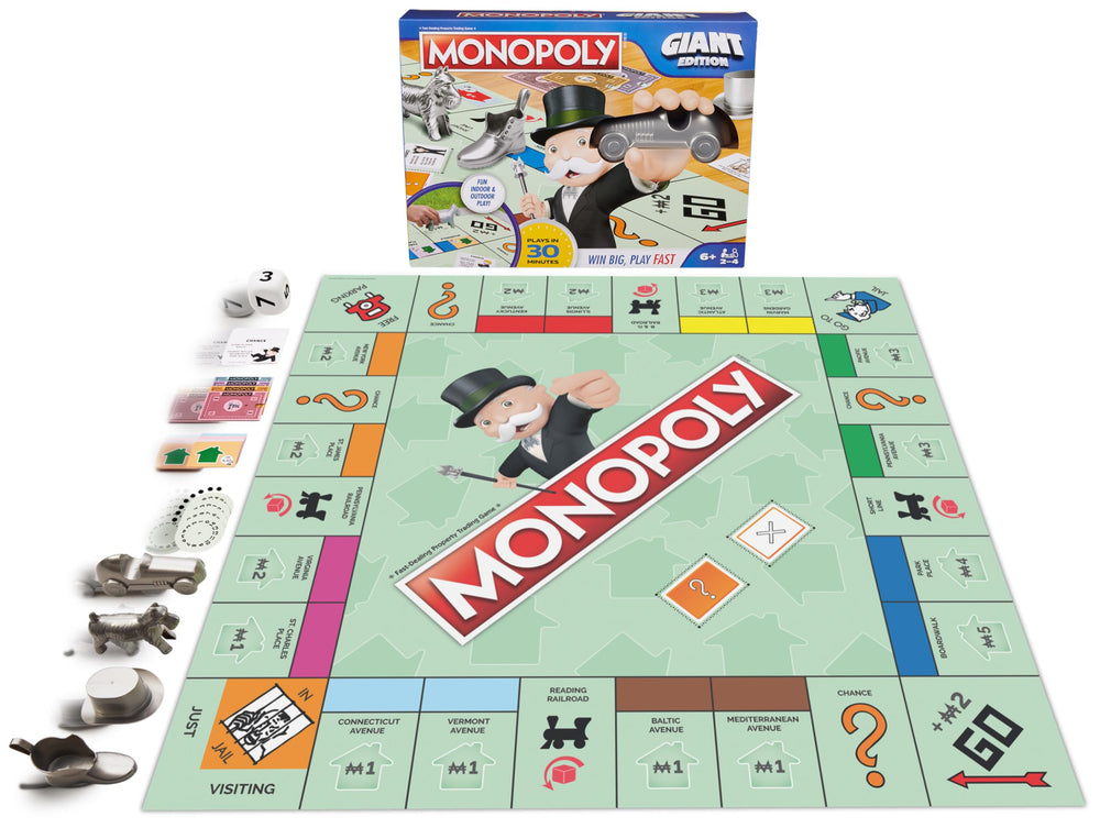 Spin Master Games Monopoly Giant Edition board shows an oversized layout for active family play.