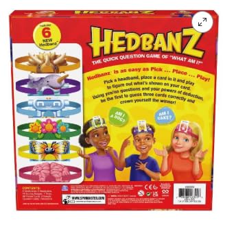 Spin Master HedBanz players guessing identities using expressive cues and questions.