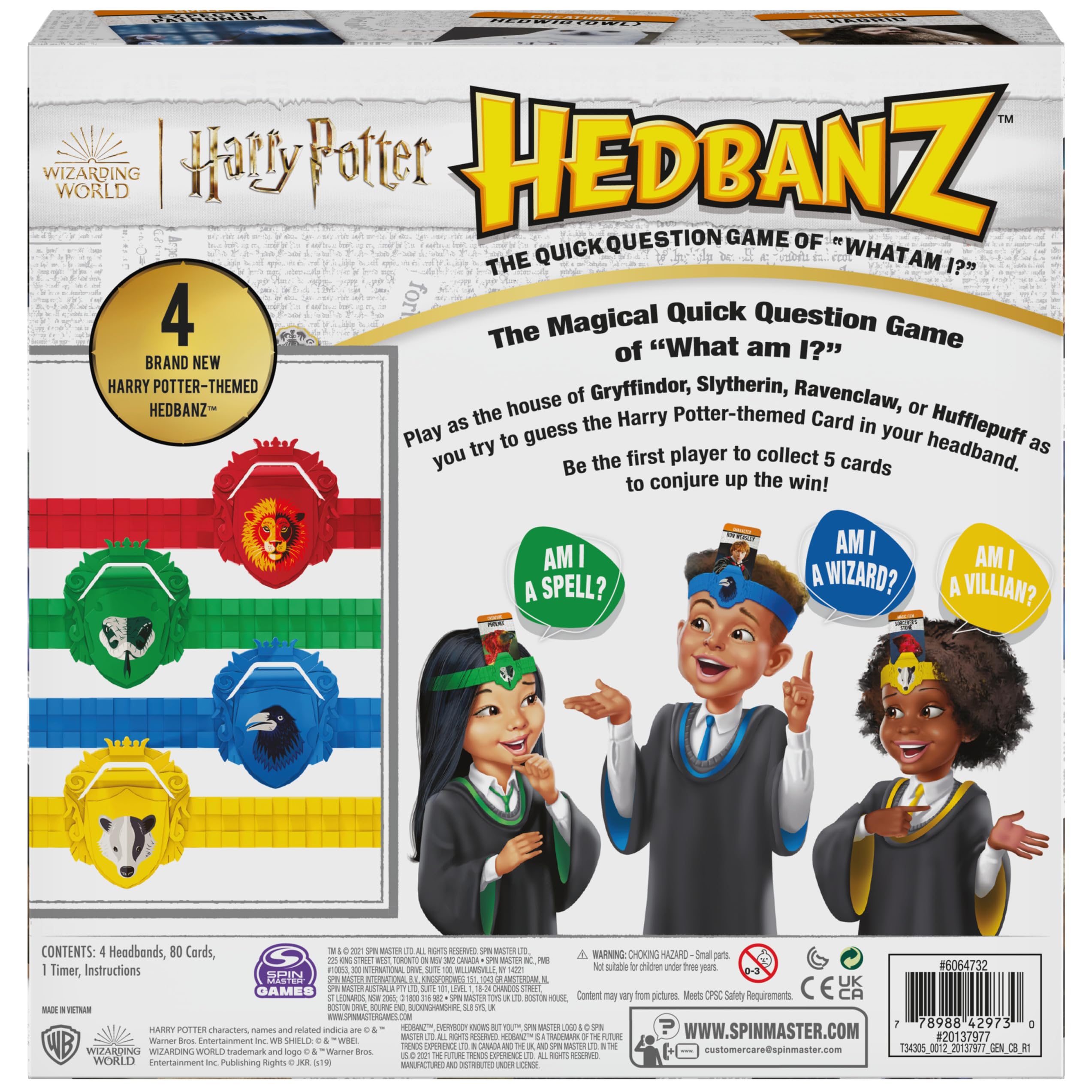 House-themed headbands showcase Gryffindor, Slytherin, Ravenclaw and Hufflepuff for role play.
