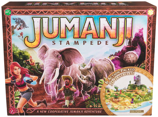 Spin Master Jumanji Stampede board setup promotes cooperative play at home.