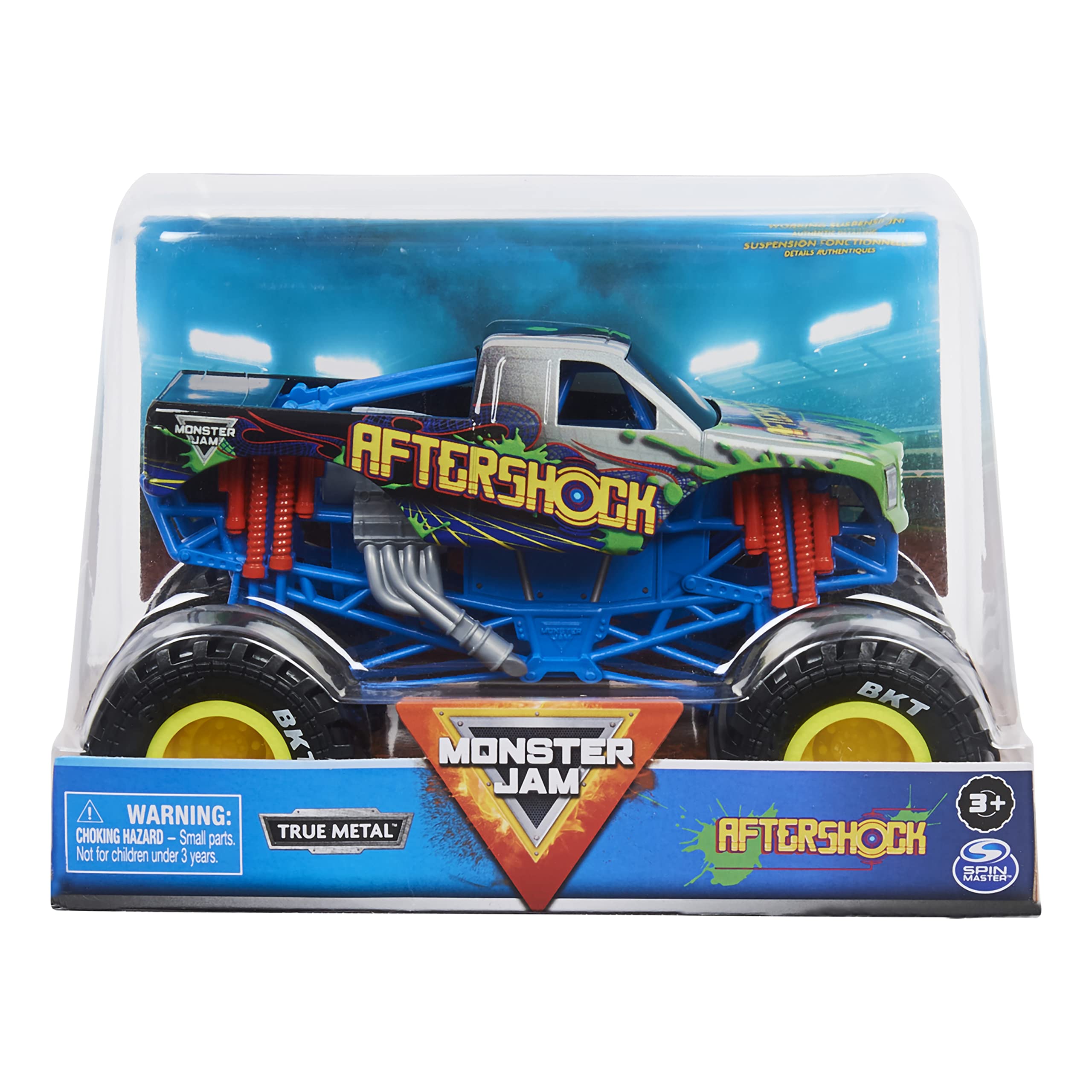 Spin Master Monster Jam Aftershock 1:24-scale truck with chrome rims for display and play.