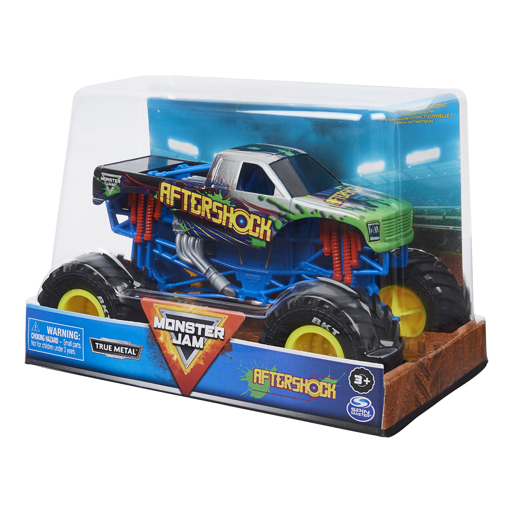 Bold graphics and authentic Monster Jam styling on the Aftershock truck.