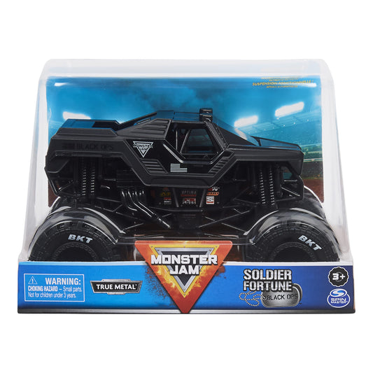 Spin Master Monster Jam Soldier Fortune truck with chrome rims for display and collection.