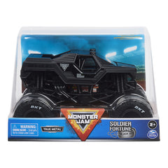 Spin Master Monster Jam Soldier Fortune truck with chrome rims for display and collection.