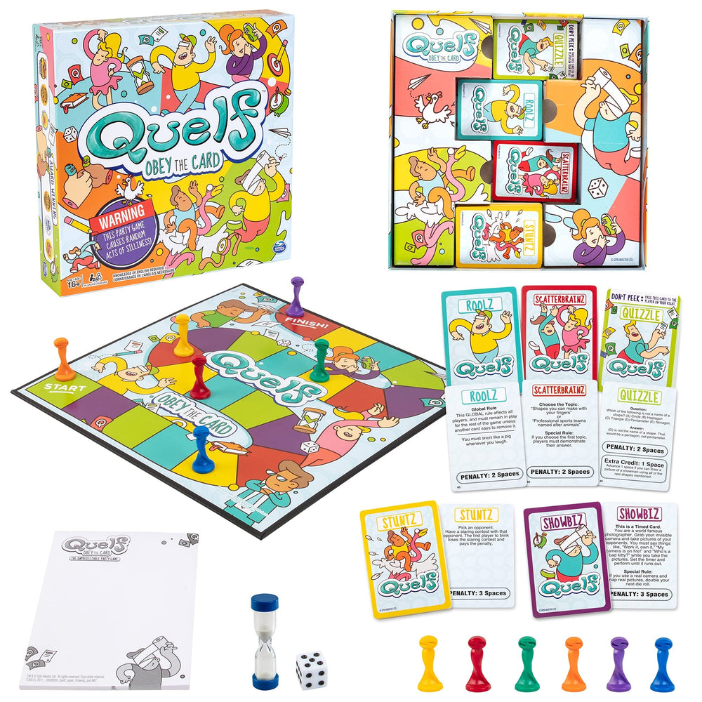 Spin Master Quelf card deck with outrageous prompts for group fun.