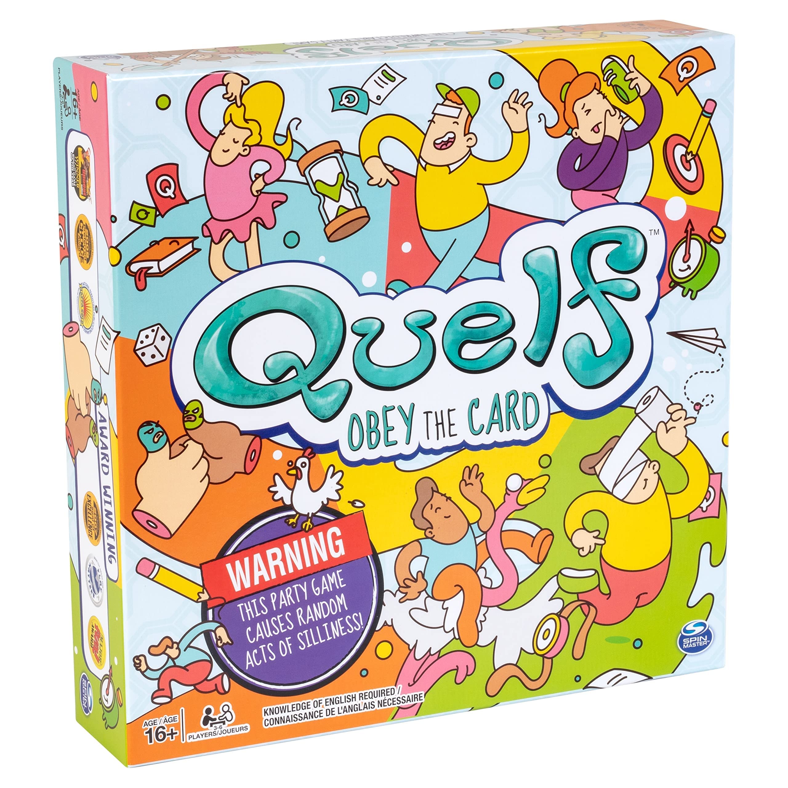 Spin Master Quelf game board showing colored spaces for prompts.