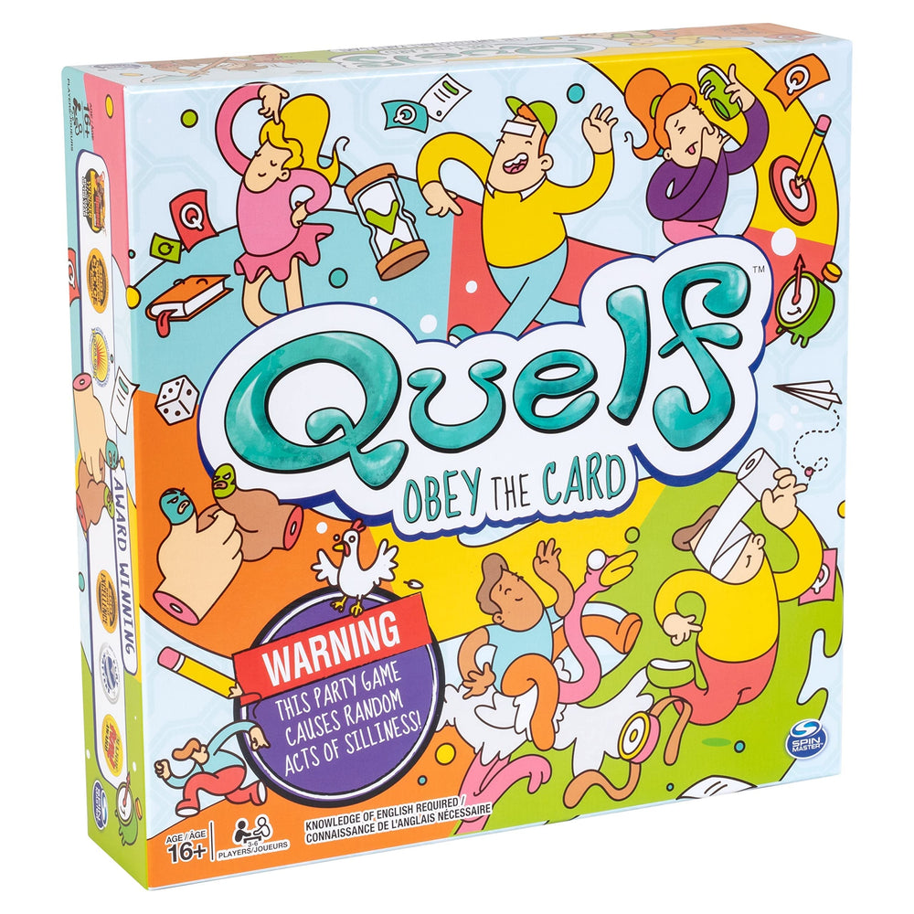 Spin Master Quelf game board showing colored spaces for prompts.