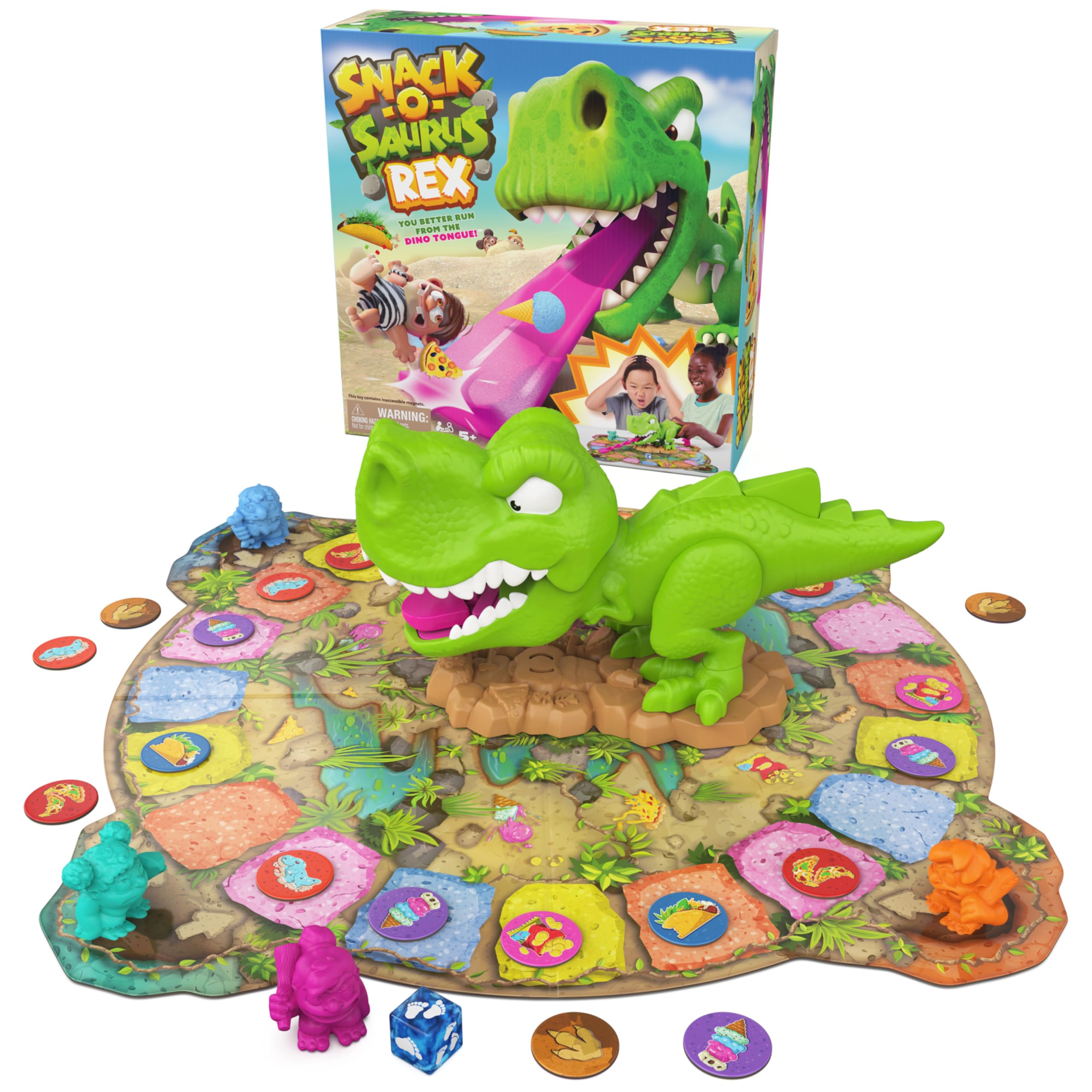 Snack-O-Saurus Rex tongue in action during lively family playtime.