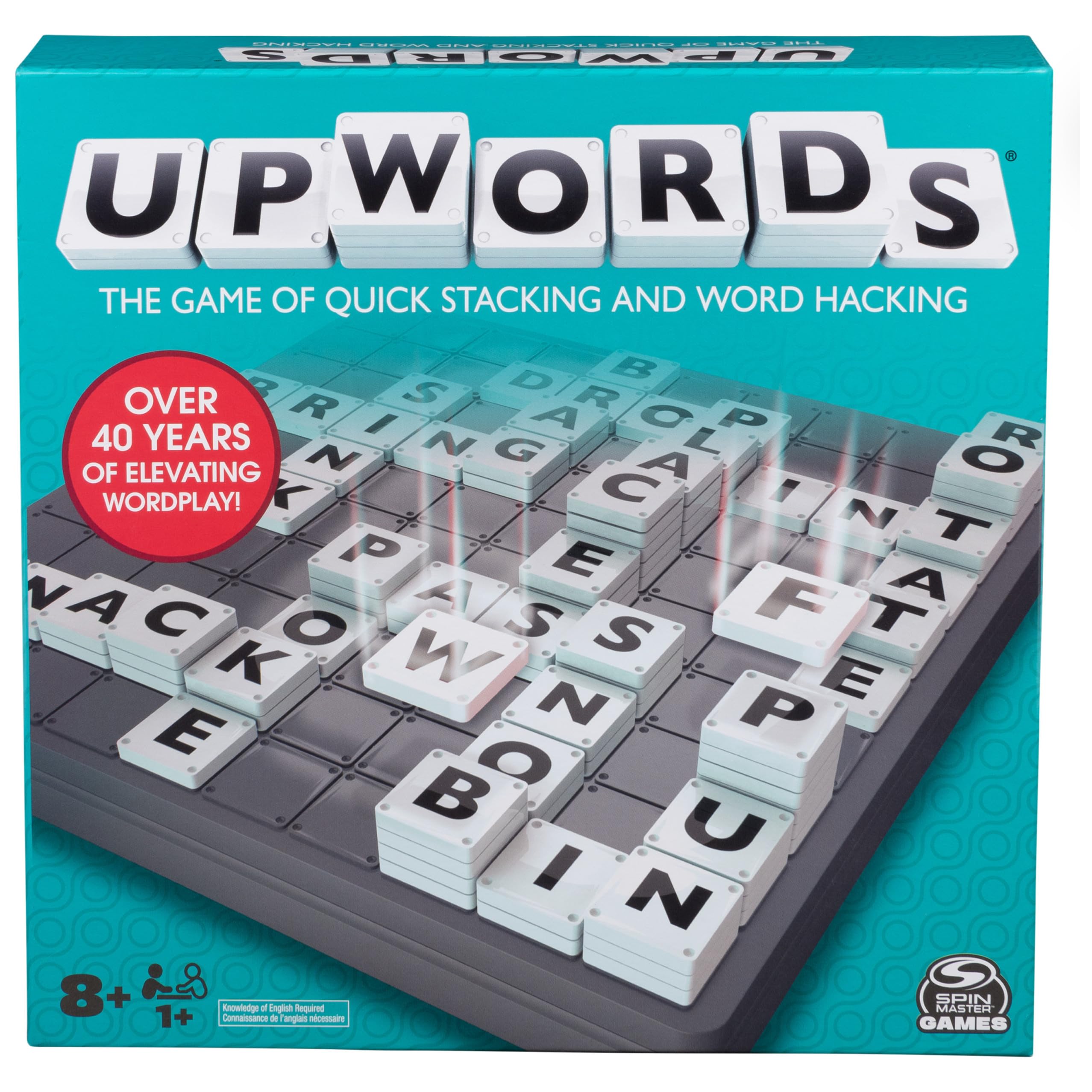 Spin Master Upwords rotating board in action boosts word-building fun for families.