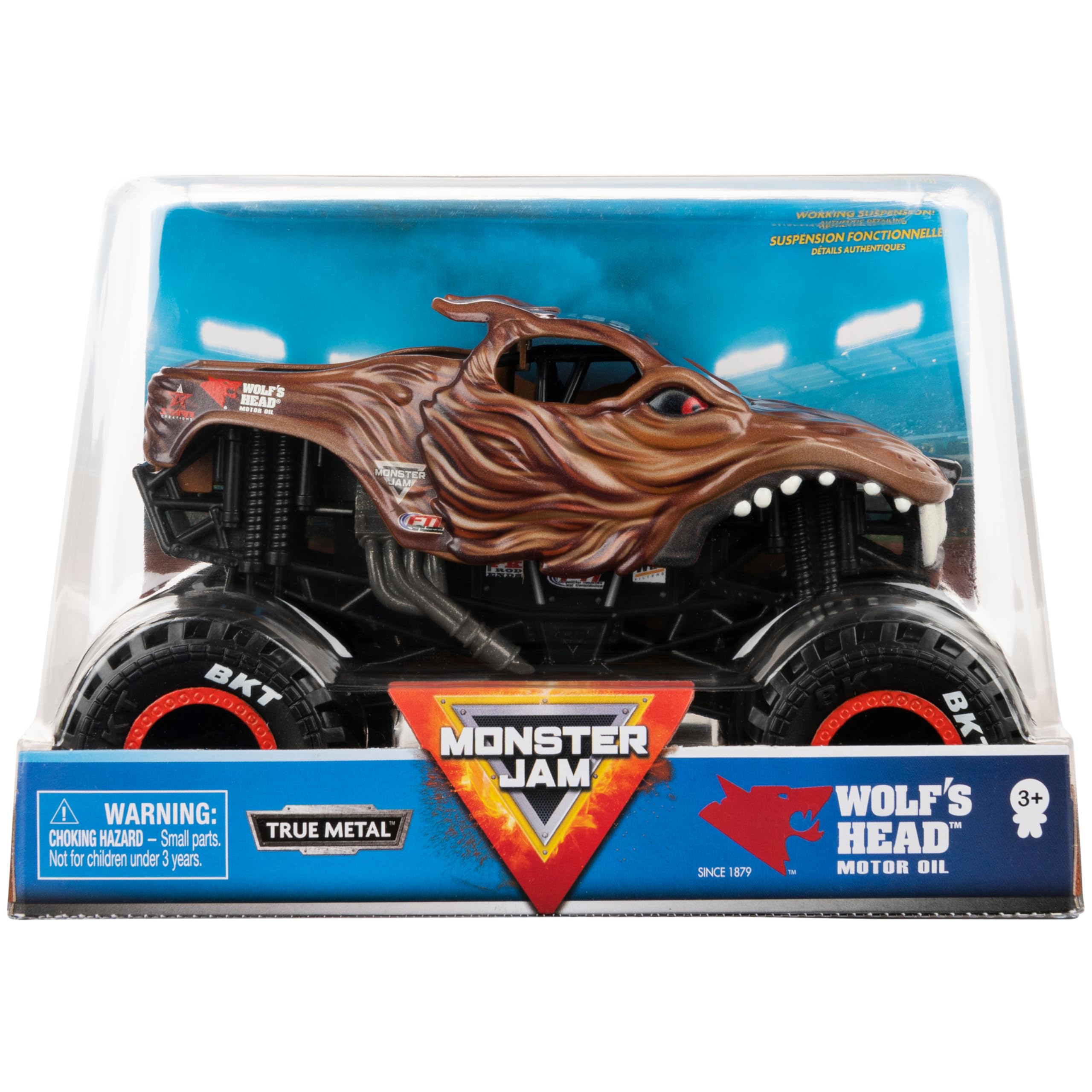 Spin Master Wolf's Head Monster Truck front view with chrome rims for action-ready display.