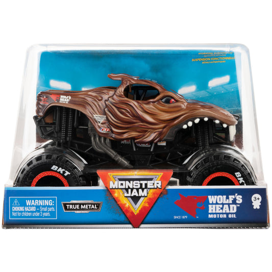Spin Master Wolf's Head Monster Truck front view with chrome rims for action-ready display.