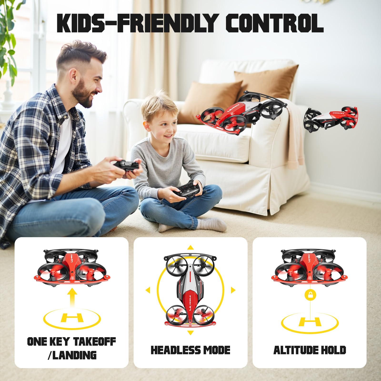 Spinorbitor kid-friendly controls with one-key takeoff/land and altitude hold.