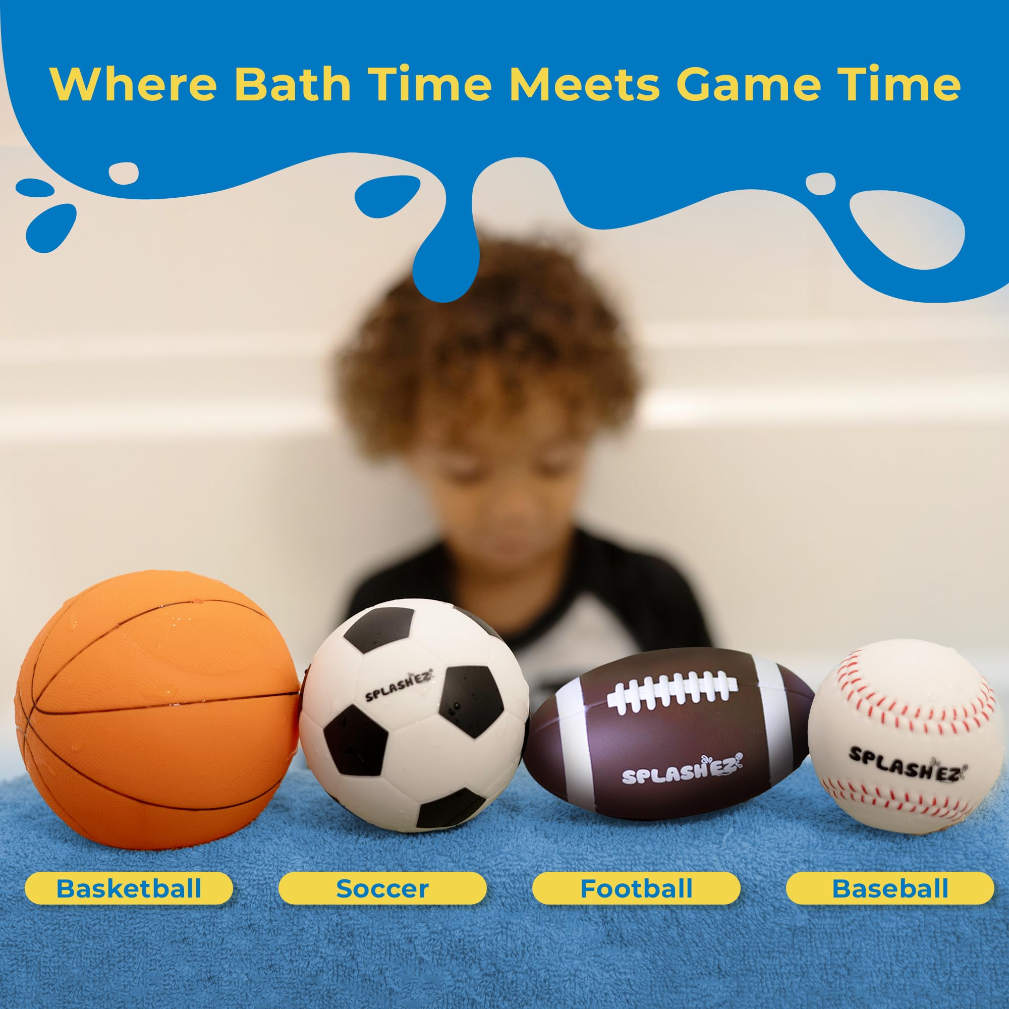SplashEZ four-sport-balls bath set highlights kid-sized grip for bath time play.