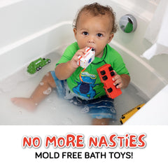 SplashEZ junk truck bath toy dries quickly and stays odor-free.