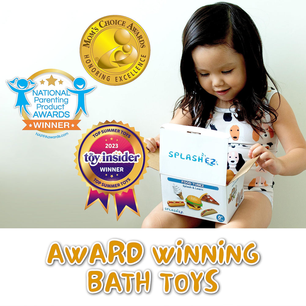 SplashEZ pizza slice bath toy encourages creative play and dries mold-free