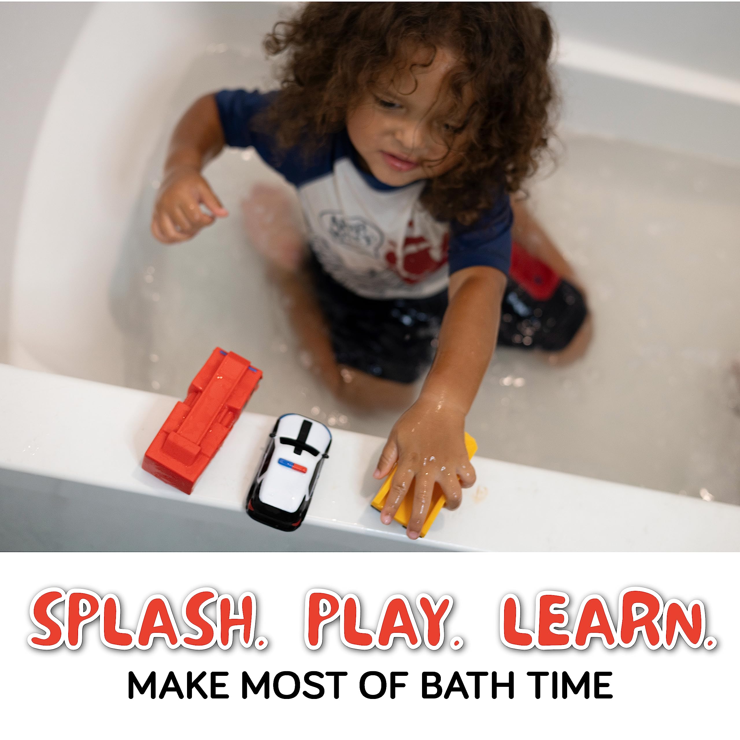 SplashEZ school bus bath toy encourages pretend trips during bath time.