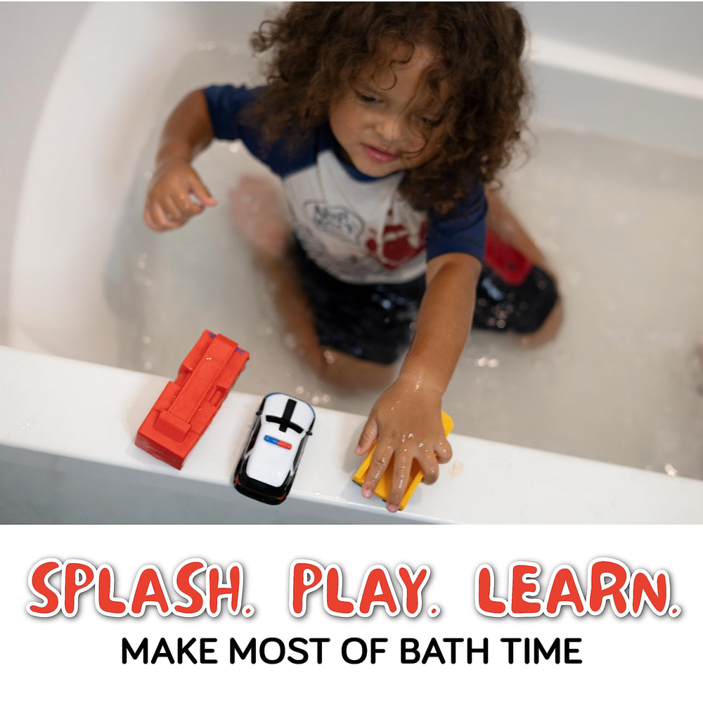 SplashEZ school bus bath toy encourages pretend trips during bath time.