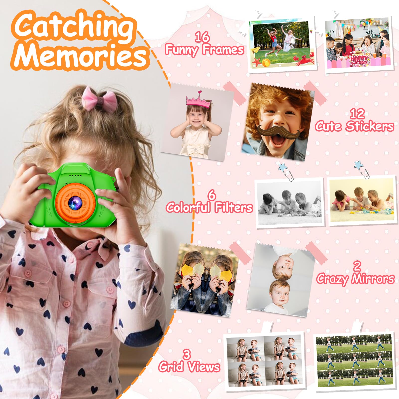 SplashNSpray Kids Camera creative modes with frames, stickers, and filters