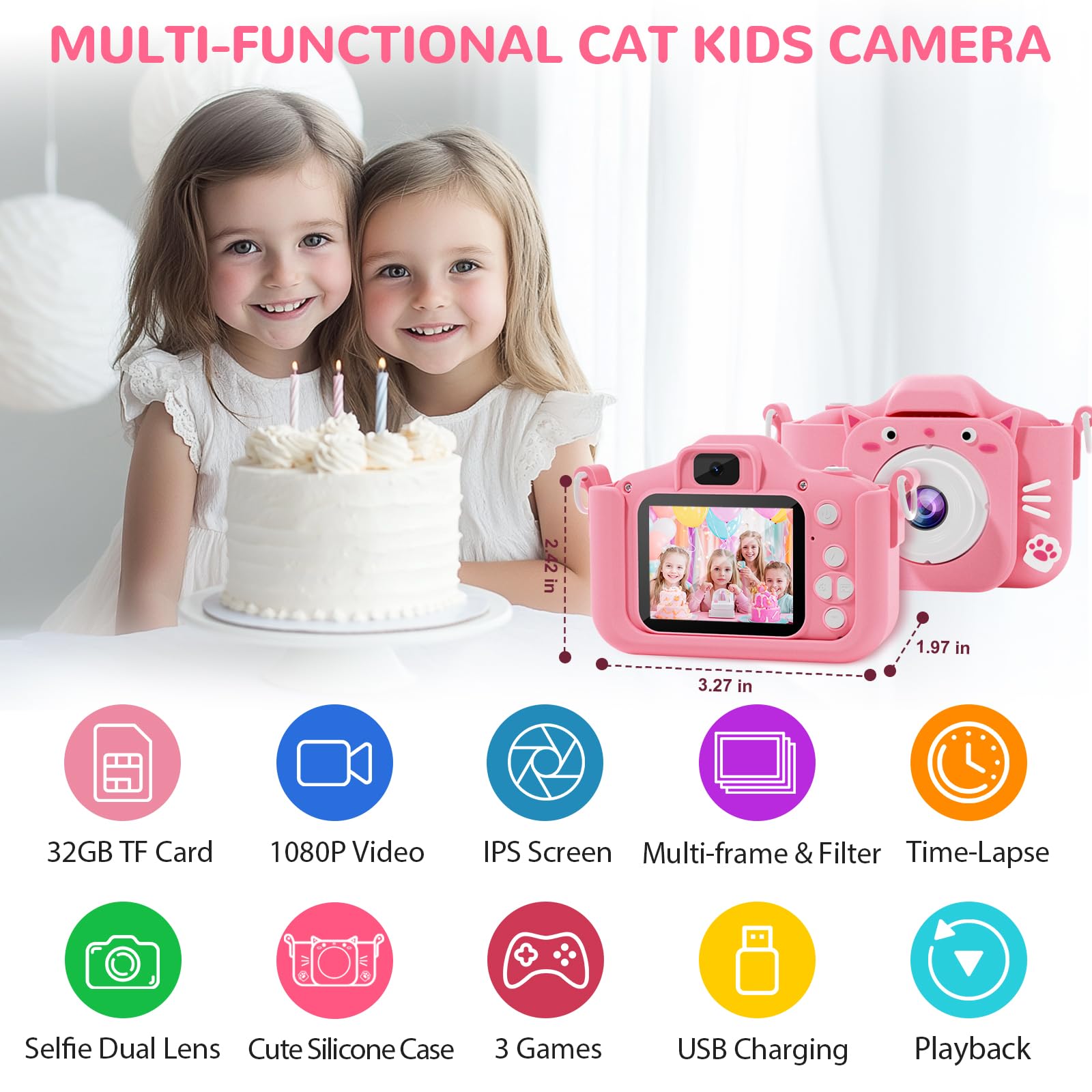 SplashNSpray Kids Camera front view for selfies and friends photos.
