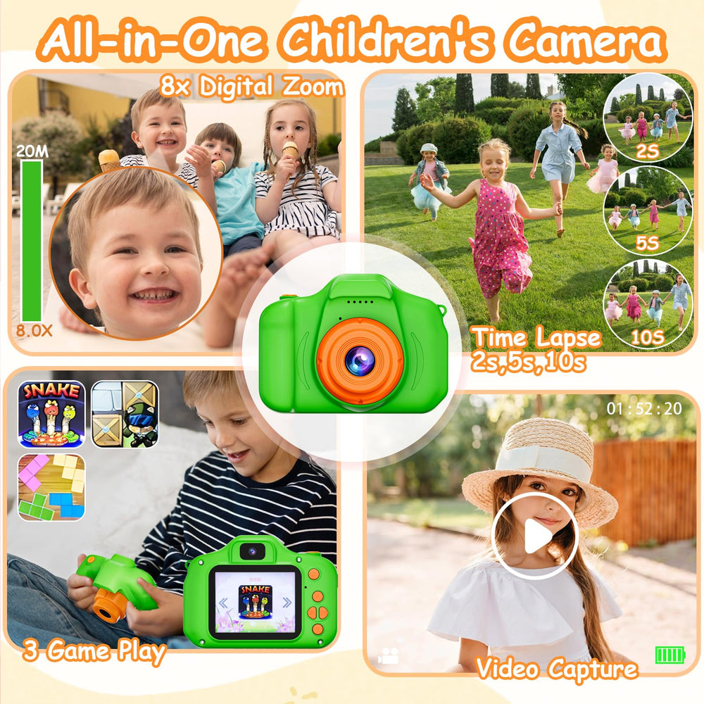 SplashNSpray Kids Camera games icons illustrating Snake, Sokoban, Tetris