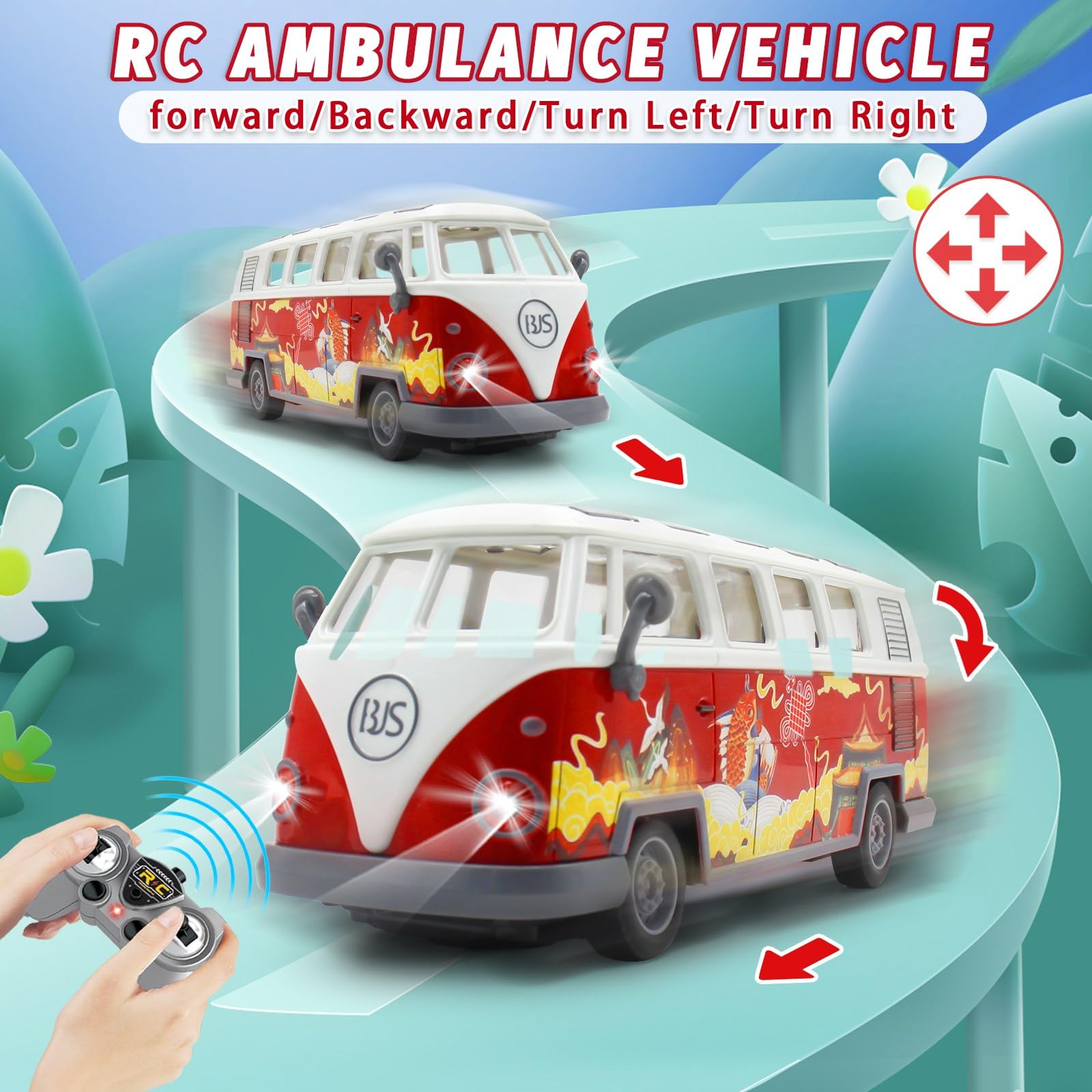 Spobot bus side profile shows decals and vivid retro styling for imaginative play