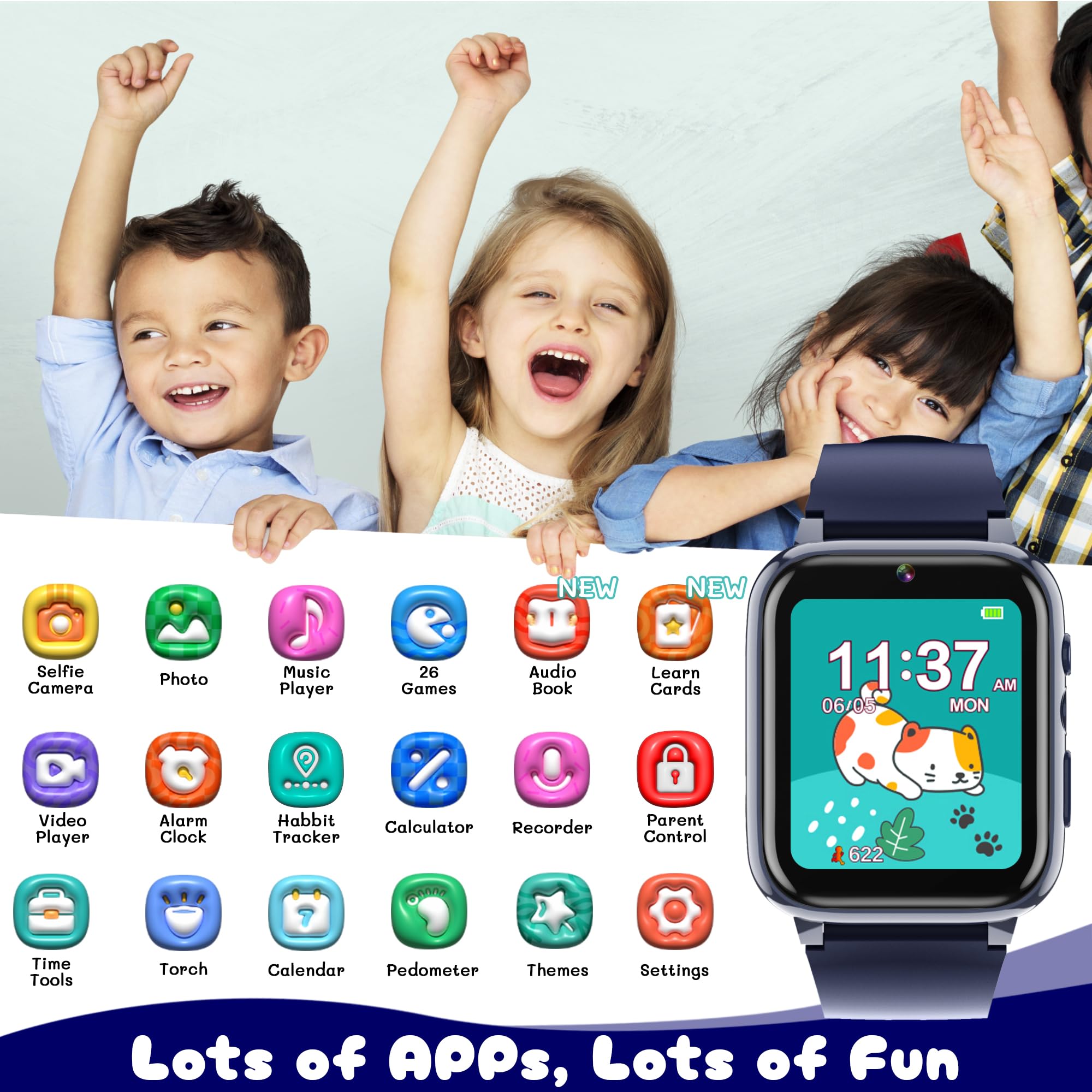 Spodus smart watch showing 26 games for age-appropriate learning.