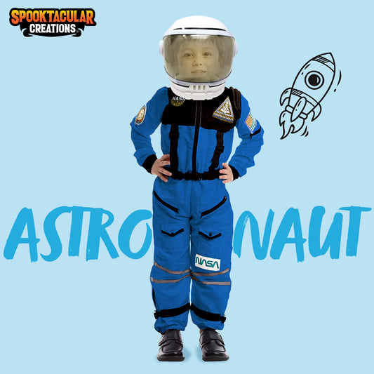 Spooktacular blue astronaut jumpsuit with embroidery and USA flag patches for an authentic look.