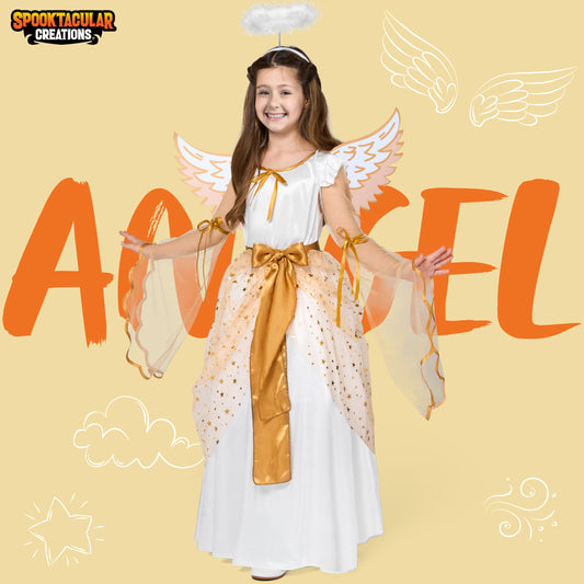 Spooktacular Creations angel dress with gold foil pattern for stage performances