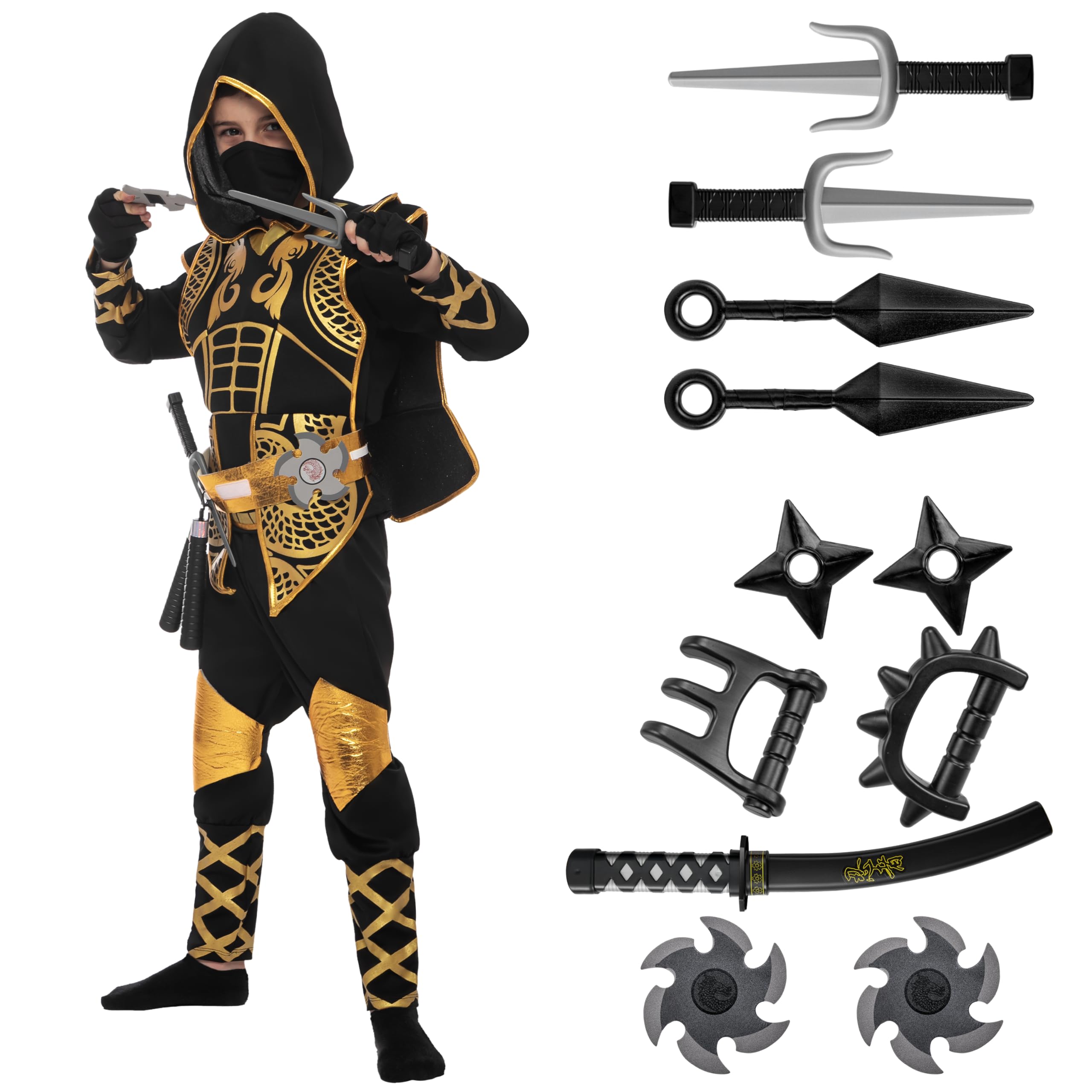 Spooktacular Creations Golden Ninja jumpsuit with hood, comfy for kids' Halloween cosplay.