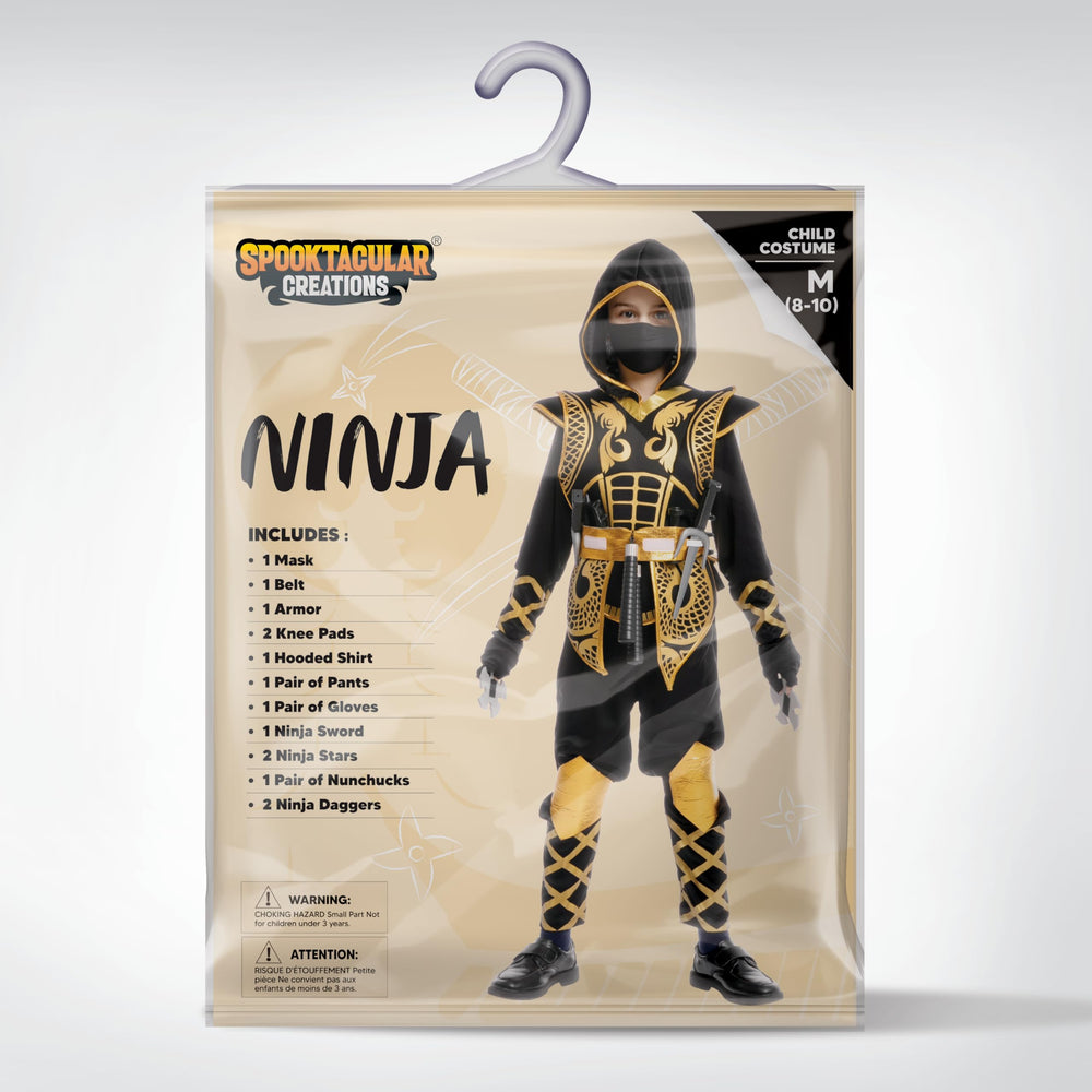 Spooktacular Creations Golden Ninja kit, kid-sized, supports easy dress-up sessions.