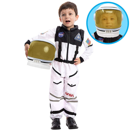 Spooktacular Creations white astronaut jumpsuit with logo for imaginative play.