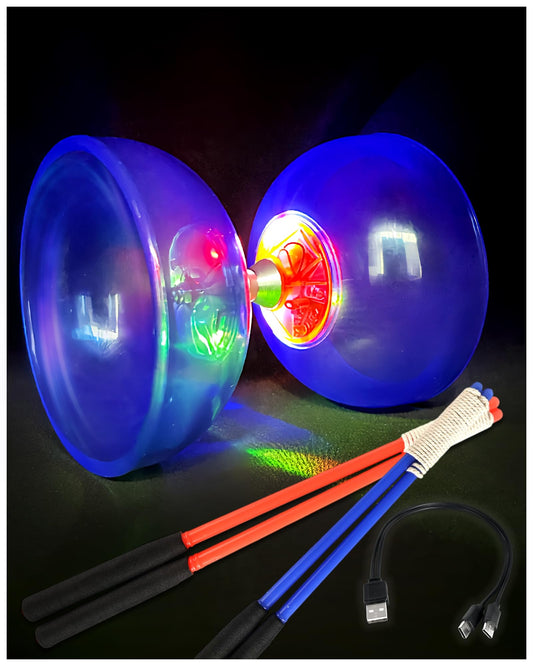 SPORTY PLAY Rechargeable LED Diabolo in blue spins with bright lights for night practice.