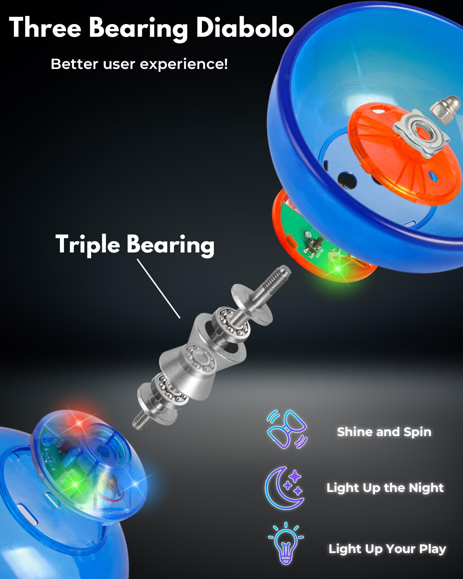SPORTY PLAY Triple-Bearing Diabolo enables smoother spins and precise control during tricks.