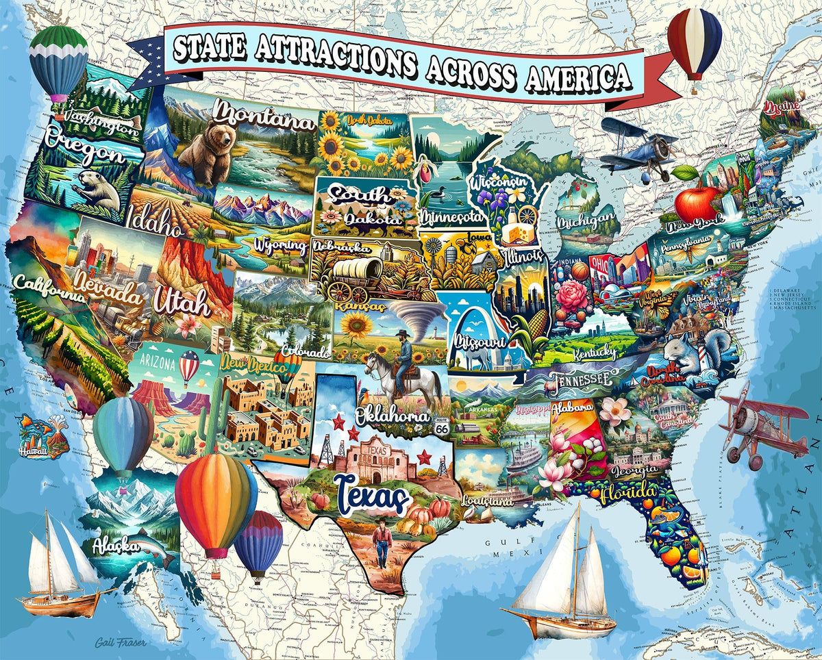 Springbok All American Attractions puzzle cover: vibrant USA map for family game night.