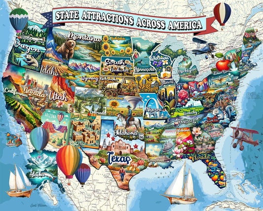 Springbok All American Attractions puzzle cover: vibrant USA map for family game night.