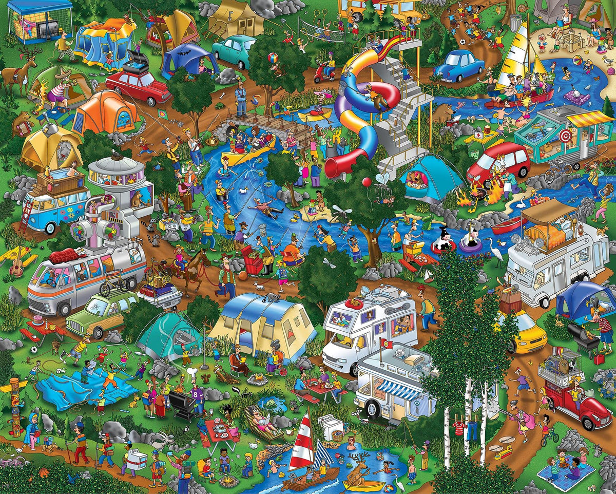 Springbok camping-world illustration 1000-piece puzzle featuring a sunny campsite for family fun.