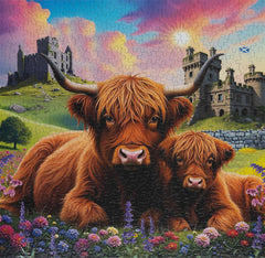 Springbok castle and green hills scenery puzzle captures Scottish landscape in vibrant colors.