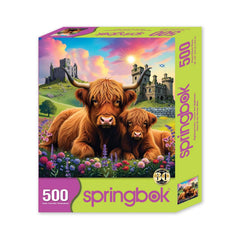 Springbok Highland cow and calf in Scottish Highlands puzzle ideal for cozy evenings.