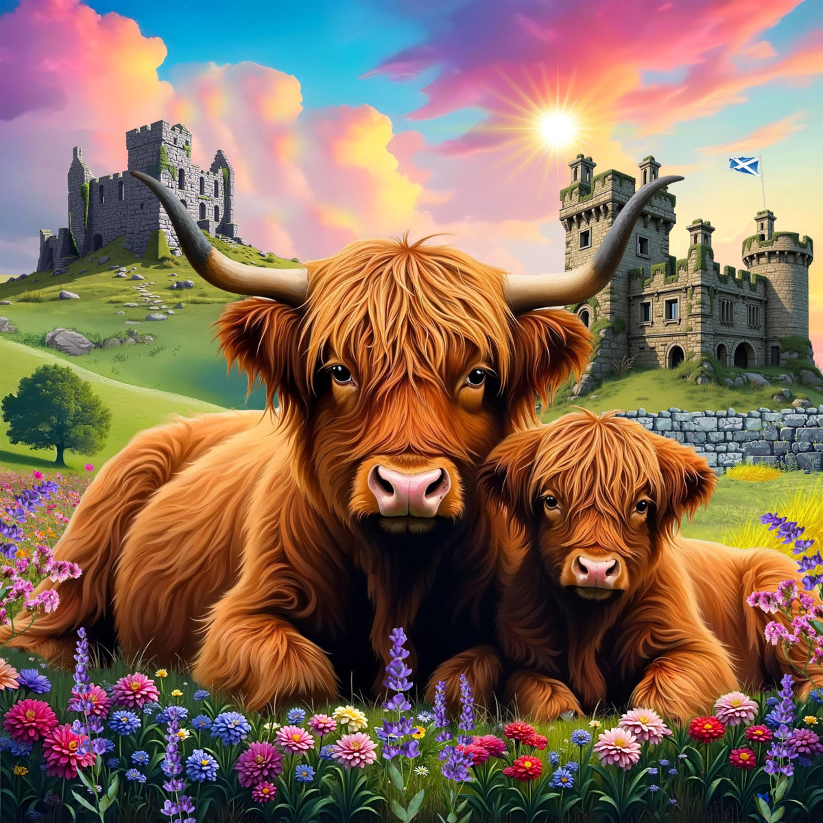 Springbok Highland cows in field of wildflowers puzzle for relaxing family time.
